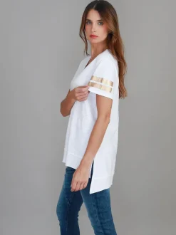 3rd Story Renn Twin Gold Stripe Print T Shirt< Short Sleeves
