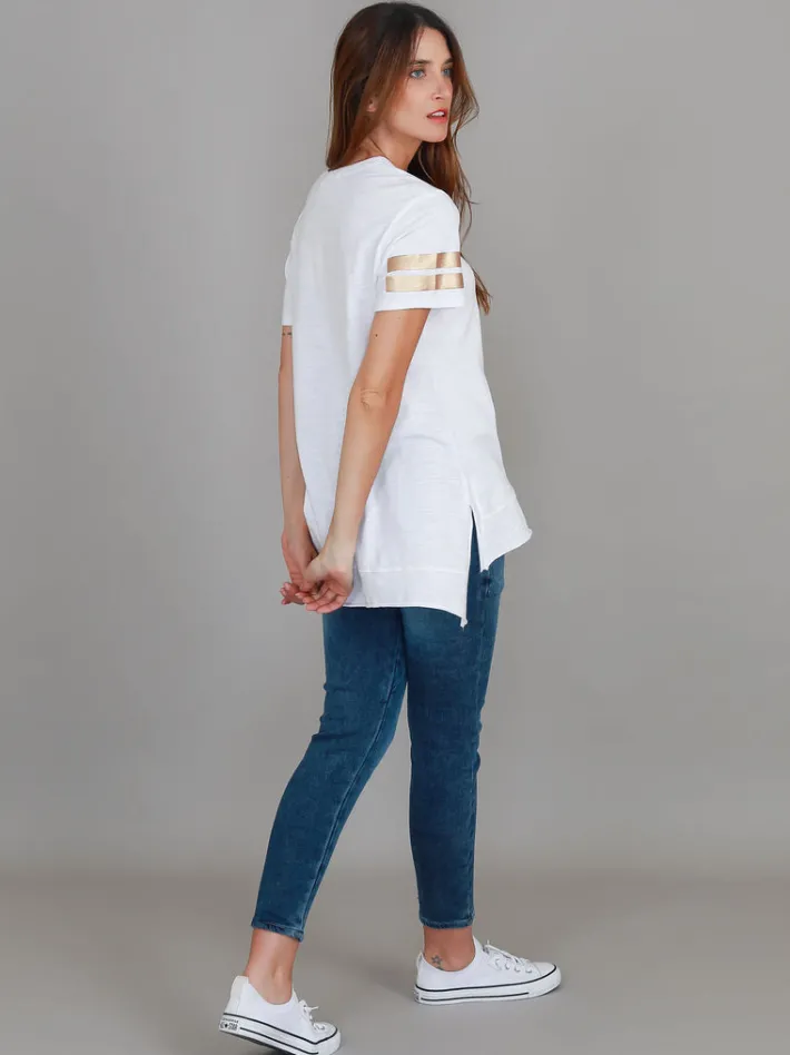 3rd Story Renn Twin Gold Stripe Print T Shirt< Short Sleeves