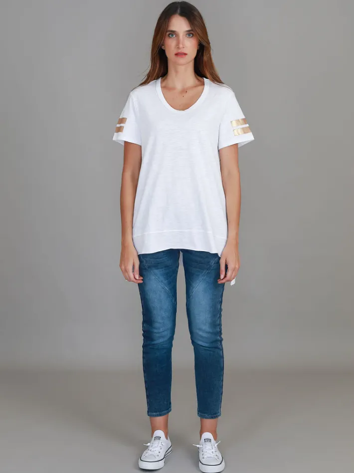 3rd Story Renn Twin Gold Stripe Print T Shirt< Short Sleeves